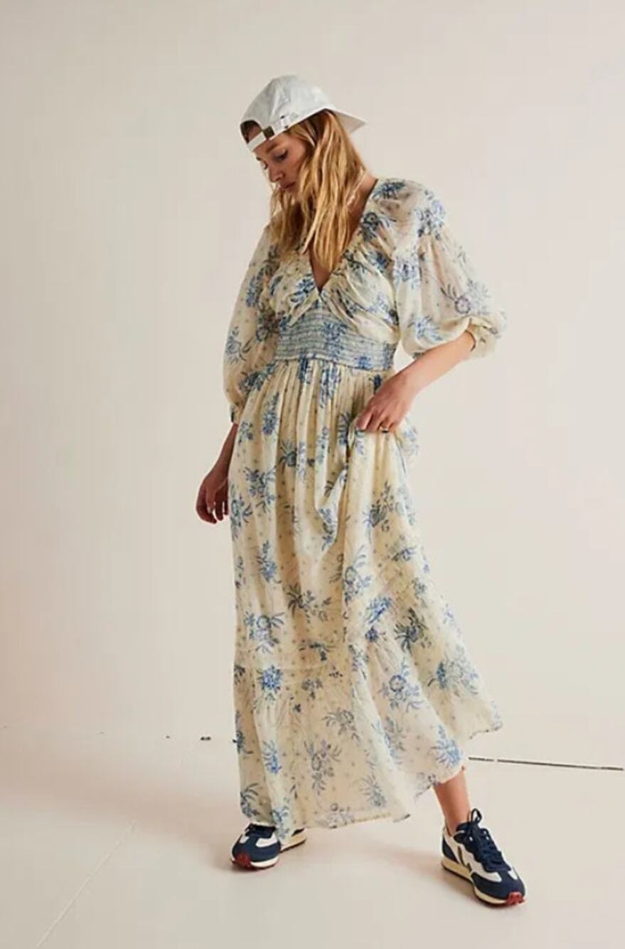 Free People Golden Hour Maxi Dress Womens Size S Cream Floral Boho Smocked